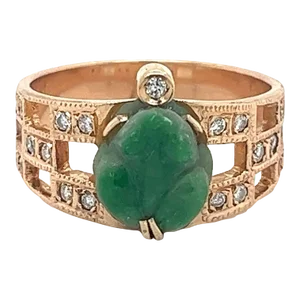 Vintage 18K Rose Gold Jadeite Jade Carved Frog Open Shank Ring with Diamond Side, Size 8.5