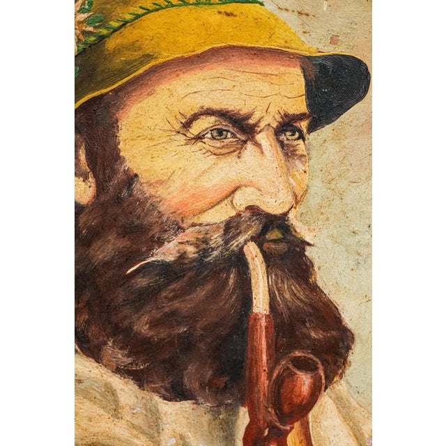 1900 - 1909 Tyrolean Man With Beard Smoking Pipe Antique Oil Portrait Painting For Sale - Image 5 of 12