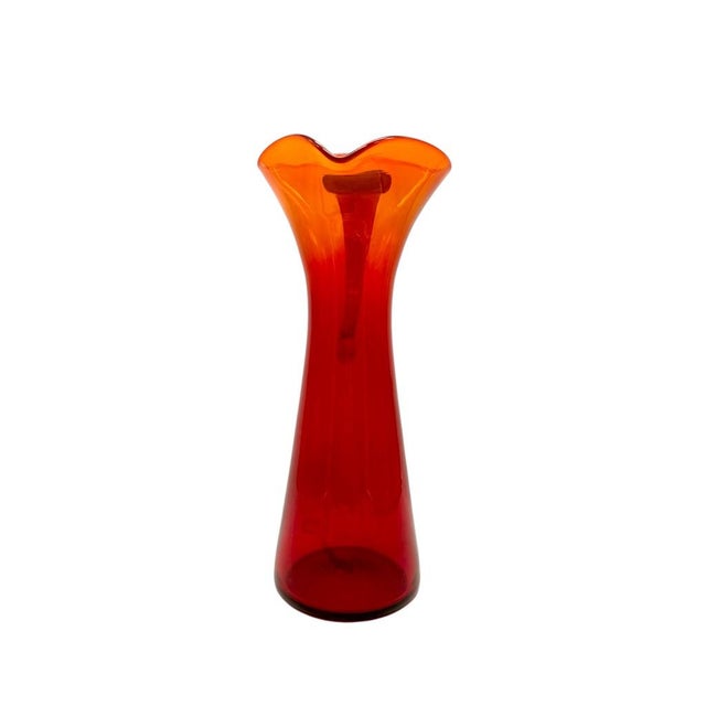 Mid-Century Modern Vintage Blenko Orange Red Tall Triangle Top Pitcher Vase Handblown Art Glass For Sale - Image 3 of 10