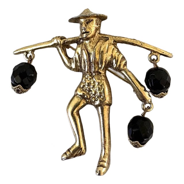 Vintage Asia Man With Water Gold Tone Brooch For Sale