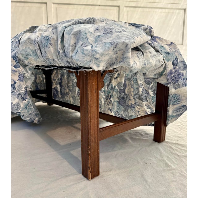 English Traditional Skirted Upholstered Bench in Blue Floral Fabric, Newly Recovered For Sale - Image 11 of 11