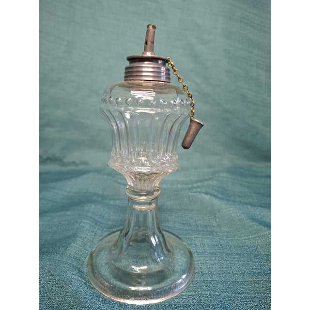 Matched Pair Antique 1830s-1850s Flint Glass Whale Oil Lamps Pewter Burner For Sale - Image 13 of 14