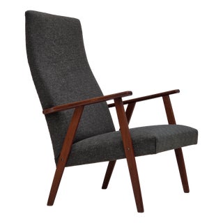 Danish Highback Armchair in Fabric and Teak, 1970s For Sale