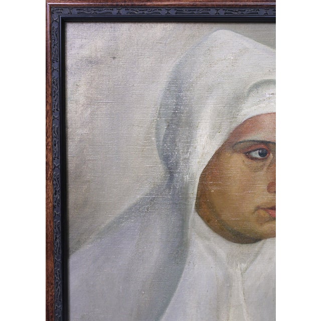 Vintage Oil Painting of Nun in Habit Peering to the Side For Sale - Image 4 of 8