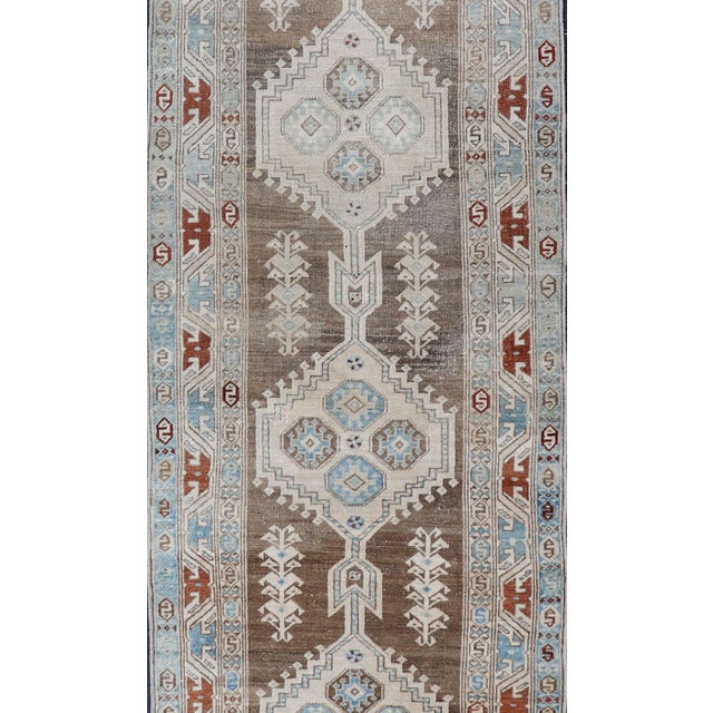 Tribal Long Persian Heriz Runner With Central Medallions in Brown, Blue, Tan & Red For Sale - Image 3 of 12