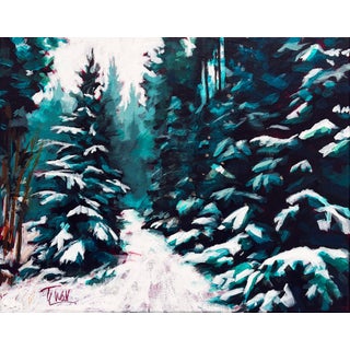 Deck the Halls by Tracy Wall | Acrylic On Canvas Snowy forest scene with evergreens and a path. For Sale