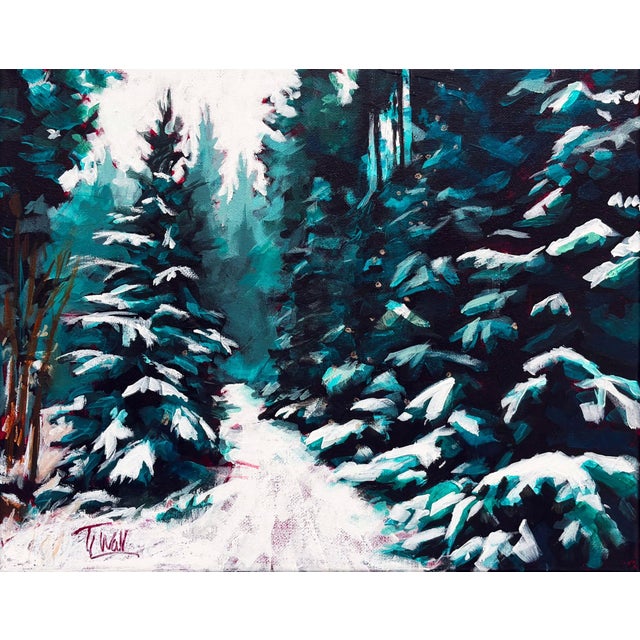 Deck the Halls by Tracy Wall | Acrylic On Canvas Snowy forest scene with evergreens and a path. For Sale