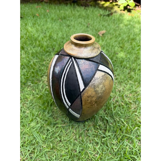 Vintage Signed Raku Studio Pottery Vase With Iridescent Geometric Design, 10” For Sale - Image 9 of 11