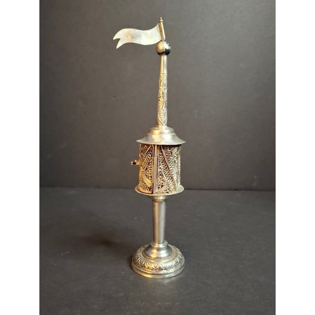 Antique 800 Silver Filigree Besamim Spice Tower Havdalah Judaica Tower Flag 86g For Sale - Image 4 of 16