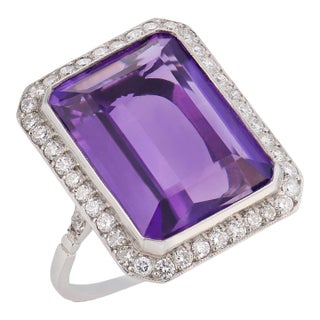 Contemporary 9.45 Carat Amethyst Diamond Platinum Cocktail Ring, Size 7.5 For Sale