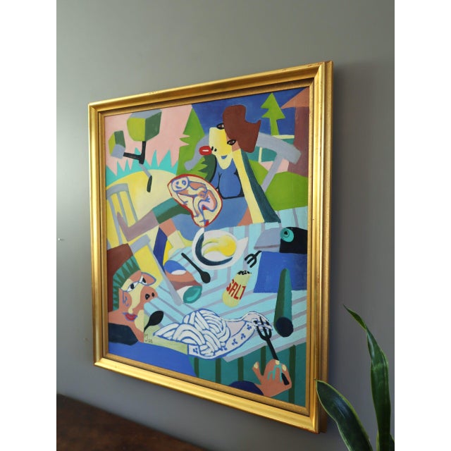 Late 20th Century 1986 'Cubist Picnic' Vintage Modern Original Swedish Cubist Abstract Figurative Oil Painting, Framed For Sale - Image 5 of 13