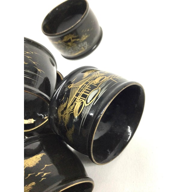Black Antique Japanese Lacquered Wood Hand-Painted Napkin Rings Set of 6 For Sale - Image 8 of 9