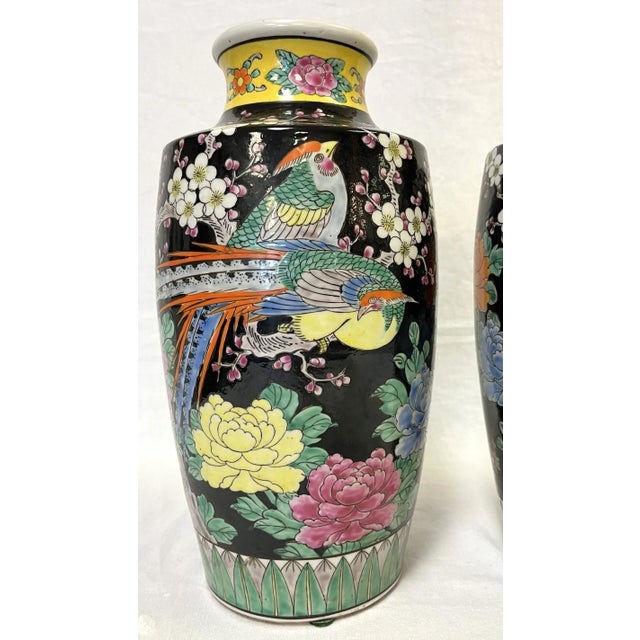 Mid Century Chinoiserie Birds With Peonies Hand Painted Porcelain Vases- a Pair For Sale In West Palm - Image 6 of 12