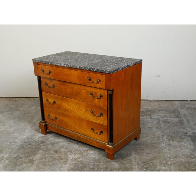 French 1930s Empire Style Walnut Commode with Grey Marble Top and Black Columns For Sale In Atlanta - Image 6 of 12