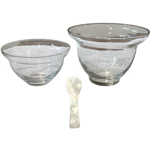 English Vintage Delicate Blown Glass Caviar Chiller Bowl Server With Mother-of-Pearl Spoon For Sale - Image 3 of 5