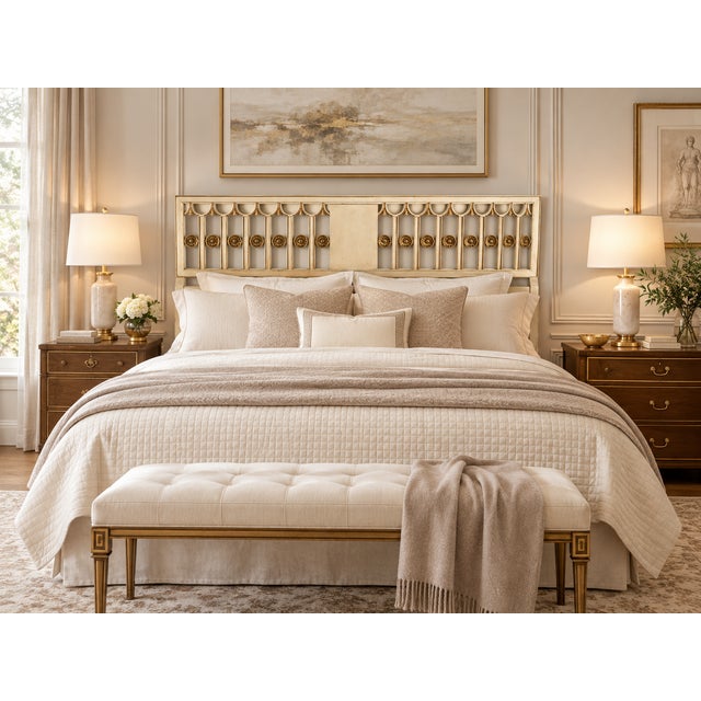 A beautifully detailed vintage king-size headboard by Baker Furniture, featuring an elegant Neoclassical design with...