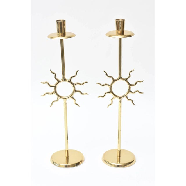 Vintage Fornasetti Style Sun Motif Polished Brass Tall Candlesticks, 1970's For Sale - Image 11 of 11