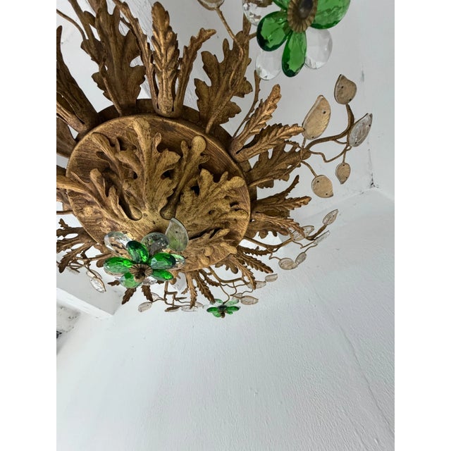 Green Flush Mount Maison Baguès Crystal Green Flowers Leaves Chandelier 9 Lights For Sale - Image 8 of 11