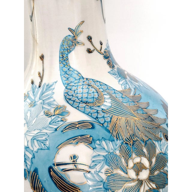 The Marbro Lamp Company Huge Lamp Pair Blue & Metallic Gold Hand Painted Peacocks 1960s Kutani For Sale - Image 4 of 18