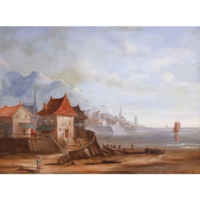 Coastal 19th Century French Coastal Harbor Marine Oil Painting in Giltwood Frame For Sale - Image 3 of 11