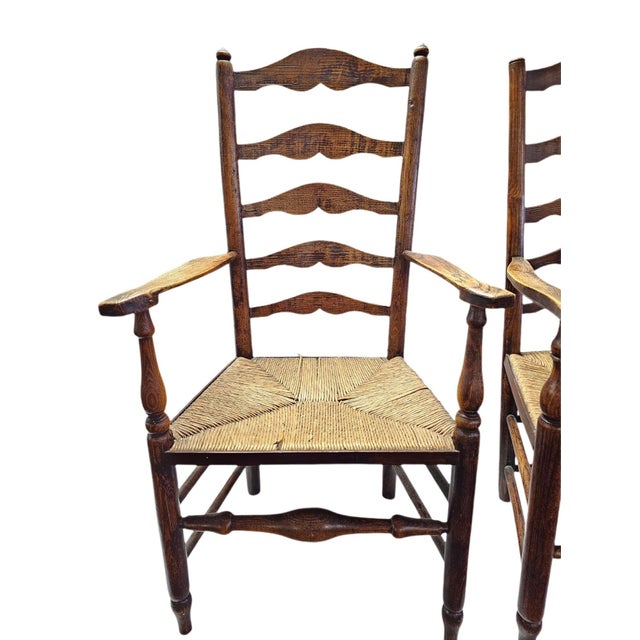 English Matched Pair of Antique Eighteenth-Century English Ladderback Rush Seat Chairs For Sale - Image 3 of 10