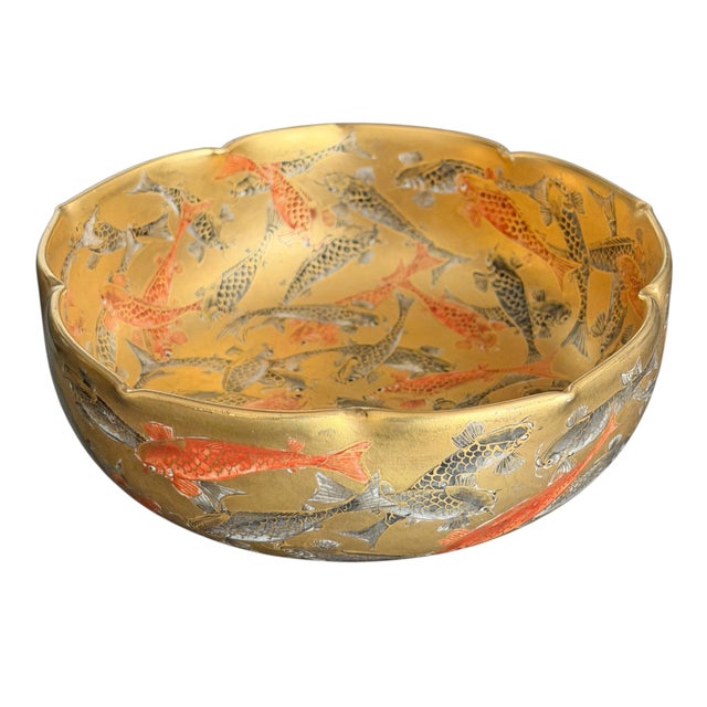 19th Century Japanese Satsuma Lotus Koi Bowl on Custom Steel Mount For Sale - Image 12 of 13