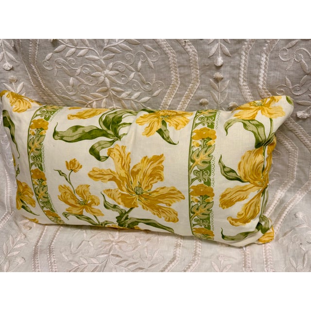 French Country Custom Yellow & Green Botanical Floral Stripe Lumbar Pillow For Sale - Image 3 of 3