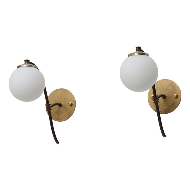 Vintage Italian Brass and Opaline Globe Sconces, 1950s, Set of 2 For Sale