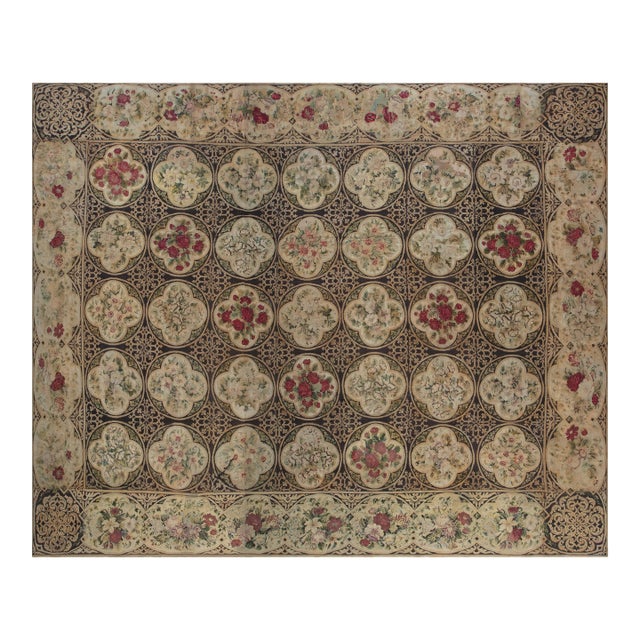 Antique English Needlework Floral Botanical Rug For Sale