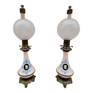 Antique French Hand Painted Porcelain & Brass Electric Petroleum Table Lamps - Pair