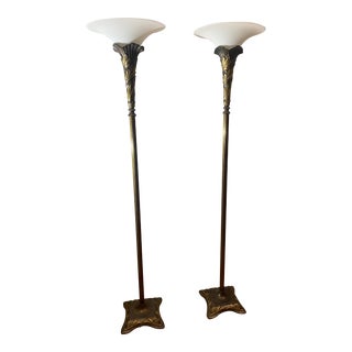 Pair of Mid 20th Century Brass Tulip Torchiere Floor Lamps For Sale