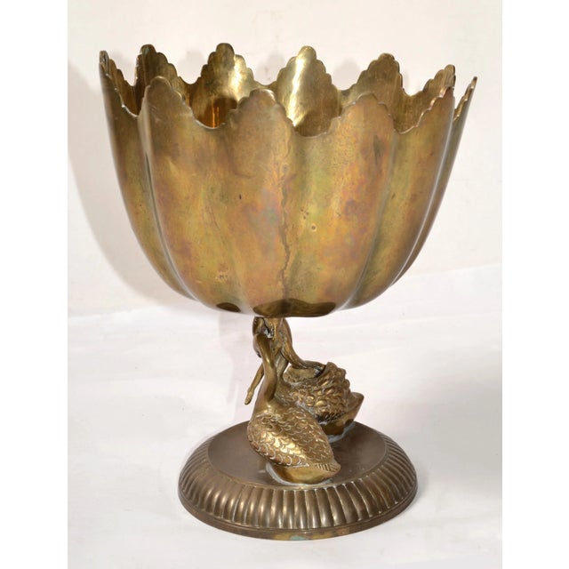 Victorian 1930 Victorian Heavy Bronze 2 Swans Pedestal Bowl Antique Patina Handmade India For Sale - Image 3 of 12