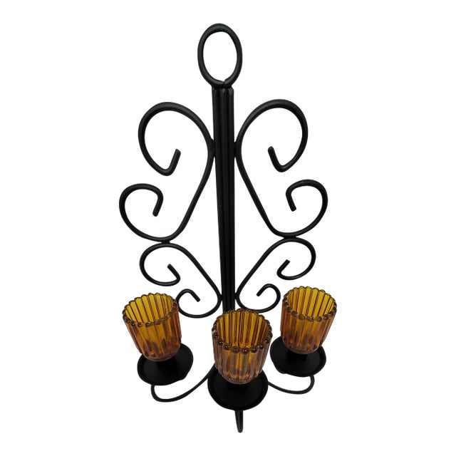 Mid-Century Metal Wall Sconce Wrought Iron Candelabra Gold Glass Globes For Sale