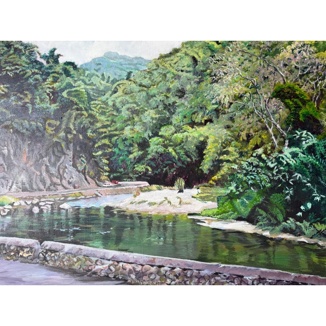 1970s 1970s Vintage Tropical River Landscape Oil on Canvas Painting, Framed For Sale - Image 5 of 12