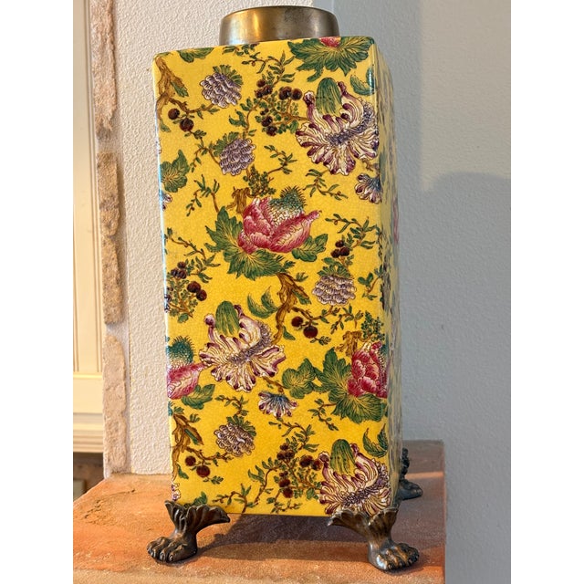 Vintage Set of 2 Large Yellow Gold Paw Footed Garden Urn Jars Brass Caps For Sale - Image 4 of 18