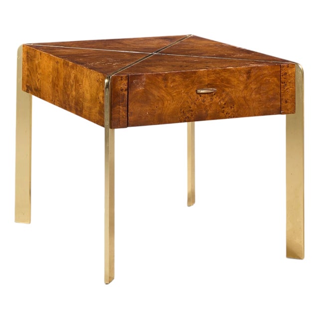 Milo Baughman Style Hekman Mid Century Burlwood and Brass Side End Table For Sale