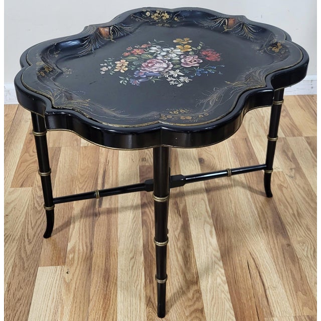 Antique Regency Style Bamboo Carved & Painted Paper Mache Tray Coffee Table For Sale - Image 4 of 12