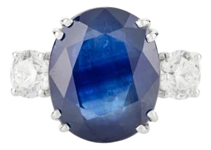 8.55 Carat Blue Sapphire and Diamond Three Stone 18k Gold Ring Size 6.5