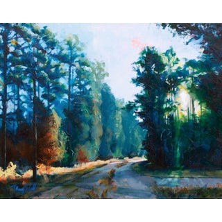 Sunrise Pines by Tracy Wall | Mixed Media on Stretched Canvas Landscape with Pine Trees and Road For Sale