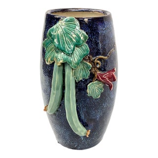 Large Vintage Majolica Pottery Vase With Squash Blossoms and Leaves For Sale