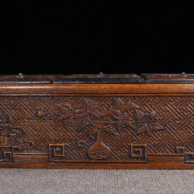 Chinese Vintage Chinese Huali Rosewood Carved "Antiques" Triple-Lidded Box Set For Sale - Image 3 of 10