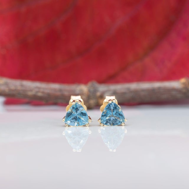 Modern Aquamarine Stud Earrings, 14k Solid Gold, 5mm Trillion Cut March Birthstone, Pair For Sale - Image 3 of 7
