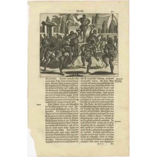 Title: "Ritual Dance in Brazil" : This original copper engraving from Arnoldus Montanus' "Die Unbekannte Neue Welt oder...