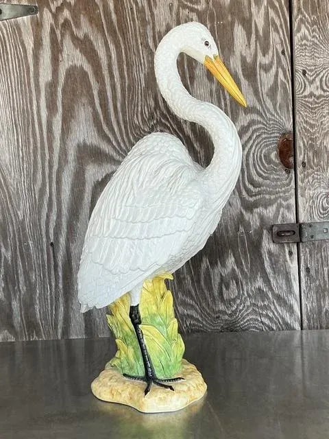 Vintage Coastal Monumental Glazed Ceramic Snowy Egret Sculpture — additional photo 1