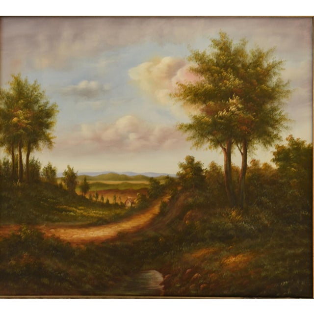 An enchanting oil on canvas, measuring 31" x 28" and signed by the artist, captures a moment of tranquil beauty. The...