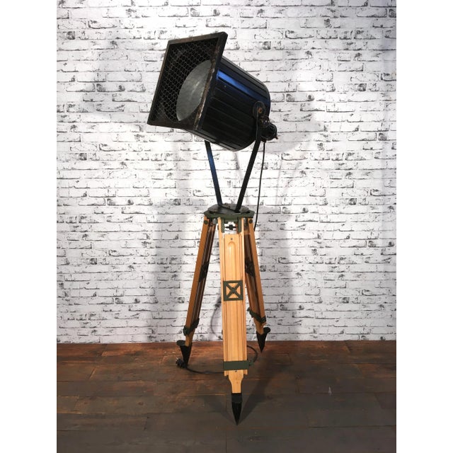 Vintage Black Industrial Spotlight on Wooden Tripod For Sale - Image 18 of 18