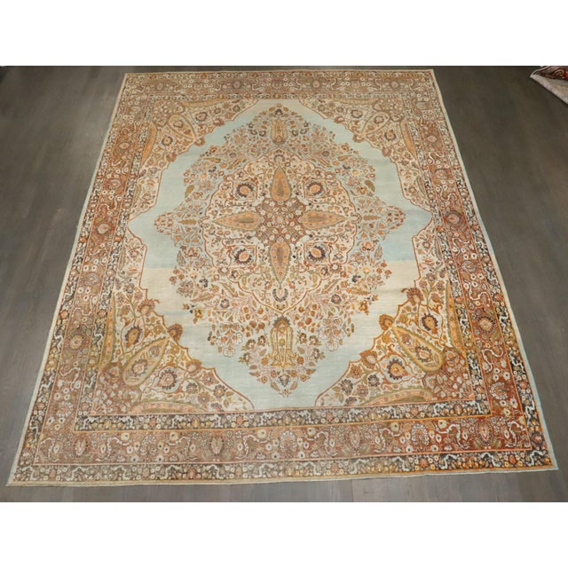 Orange Stunning Turquoise Antique Persian Tabriz Rug - 8'10" x 11'8" For Sale - Image 8 of 16