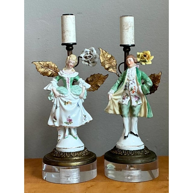 Cream Vintage Lucite Base Porcelain Figurine Lamps - a Pair For Sale - Image 8 of 12