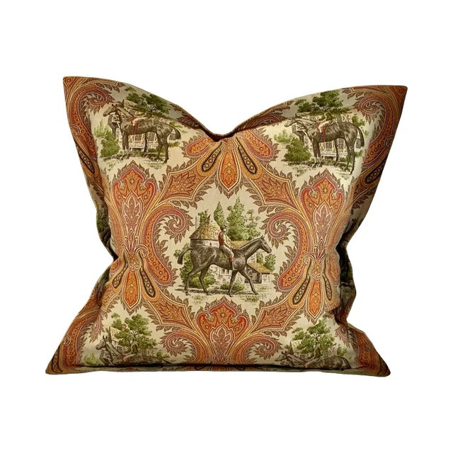 2020s Designer P Kaufmann Brown Green Orange Horse Jockey Equestrian Paisley Toile Pillow Covers- Pair 24" For Sale - Image 5 of 6