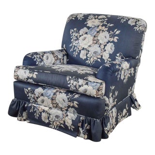 Hollywood Regency Gray Chintz Cabbage Rose Floral Club Chair Swivel Rocker For Sale
